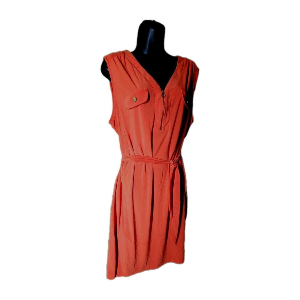 Emma & Michele Women's 2X Coral V-Neck Sleeveless Zipper Tie Waist Shirt Dress
